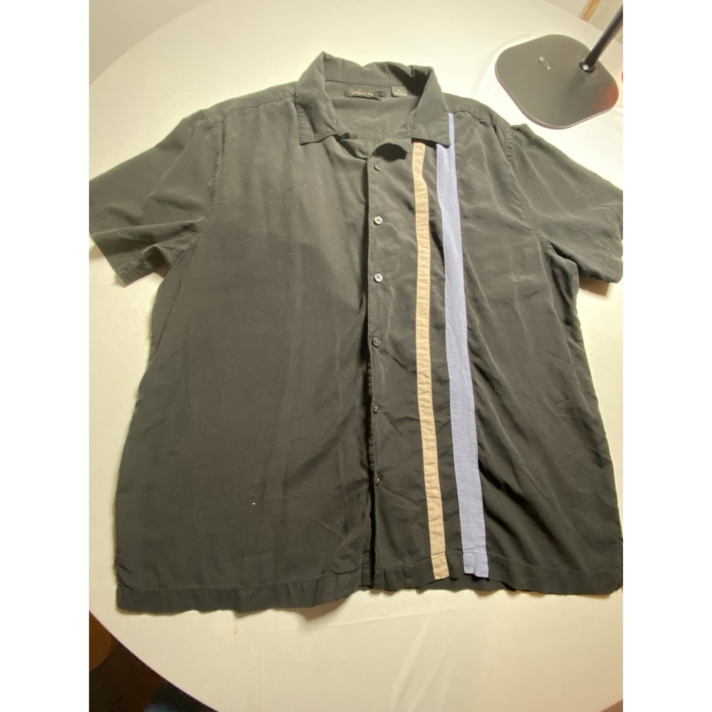 Axist Mens XL Black 100% Washable Silk Button Up Shirt Bowling Striped Short